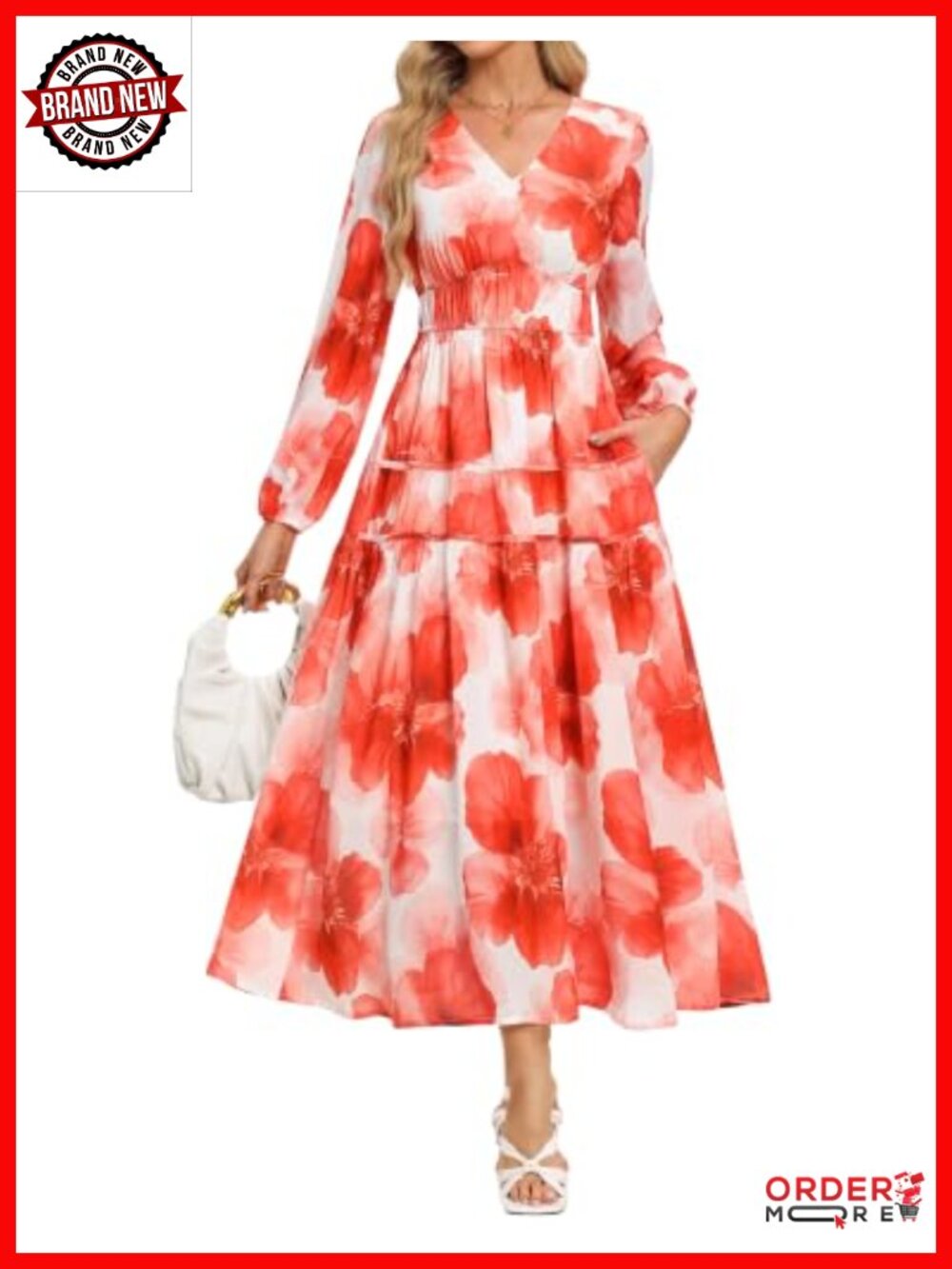 Womens Long Sleeve Floral Maxi Dress A-Line V-Neck Chiffon Fall Wedding Guest